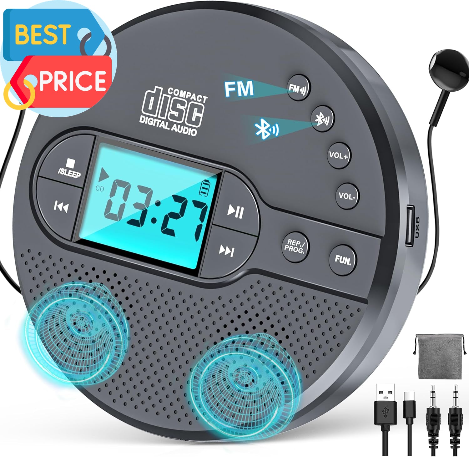2000Mah Rechargeable Discman CD Player:Walkman CD Player with Bluetooth FM Trans